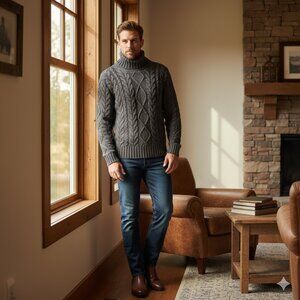 Chunky Charcoal Cable Knit Turtleneck Sweater | Men's M Fisherman Knit
